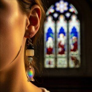 Fish Dangle Earrings - Handmade - Unique - One-of-a-kind - Neutral Color Palette